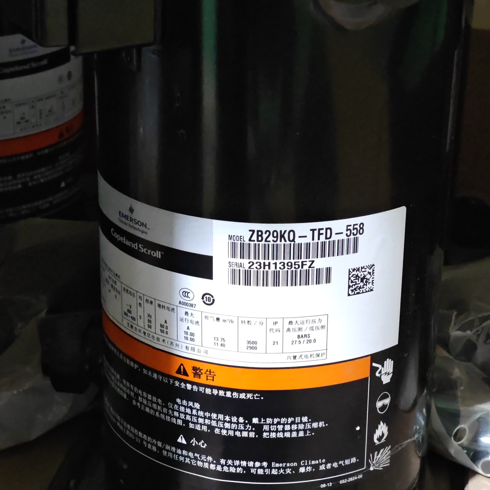 High-performance ZB29KQ-TFD scroll compressor 46200 BTU, 10.7 EER, 60Hz 460V and 37000 BTU 50Hz for R22 high-temperature air conditioning systems. - JX Refrigeration Equipment