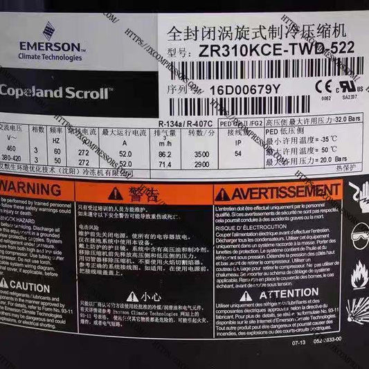Copeland ZR Series Hermetic Scroll Compressor ZR310KCE-TWD 205,000–297,000 BTU/hr R134a / R407C  3 Phase 380–460V 50/60Hz - JX Refrigeration Equipment