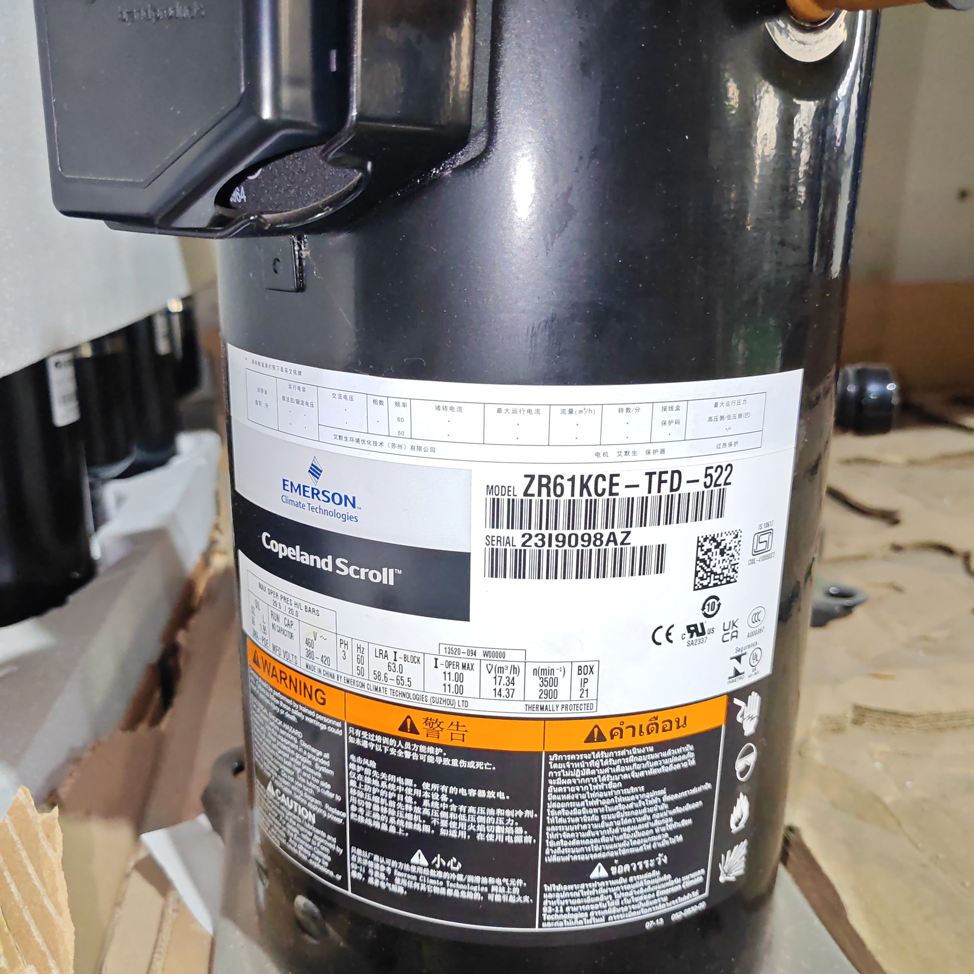 copeland ZR61KCE-TFD-522 POE oil HCFC R-22 60Hz 3 - Phase 460 V scroll compressor for AC - JX Refrigeration Equipment